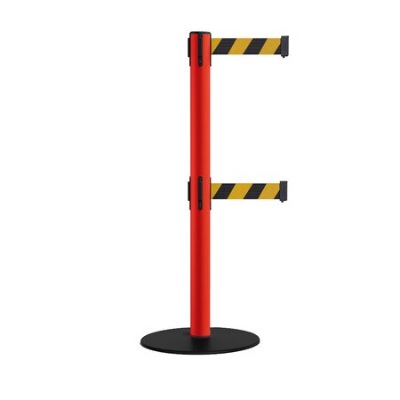 Montour Line Retractable Dbl Belt 2.5" Red Post , Low Base, 7.5'Blk/Ye Belt MSX630D-RD-BYD-75